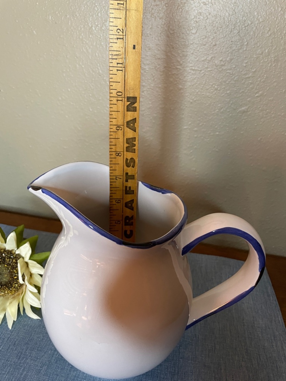 Vintage White Ceramic Pitcher with Blue Trim-Shabby Chic Cottagecore Style - Picture 7 of 10